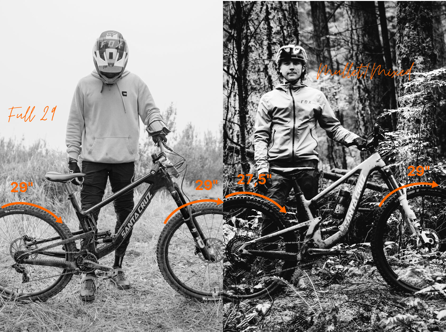 Gegenüberstellung-Laufradgröße-MTBs_29-Zoll-Laufräder-vs-Mullet-vorne-29-Zoll-hinten-27_5-Zoll links und rechts steht jeweils ein Mountainbiker mit einem Santa Cruz MTB vor sich und die Laufradgröße ist jeweils markiert links Full 29 und rechts MX also vorne 29 Zoll und hinten 27 ein halb