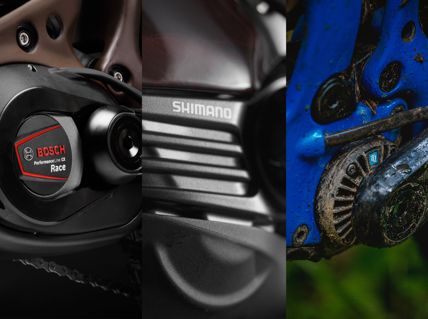 drei-E-Bike-Motoren-Hersteller-nebeneinander-für-E-MTB-Fullys_Bosch_Shimano_TQ Detailfotos von drei EBike Motoren Herstellern links Bosch mitte Shimano rechts TQ