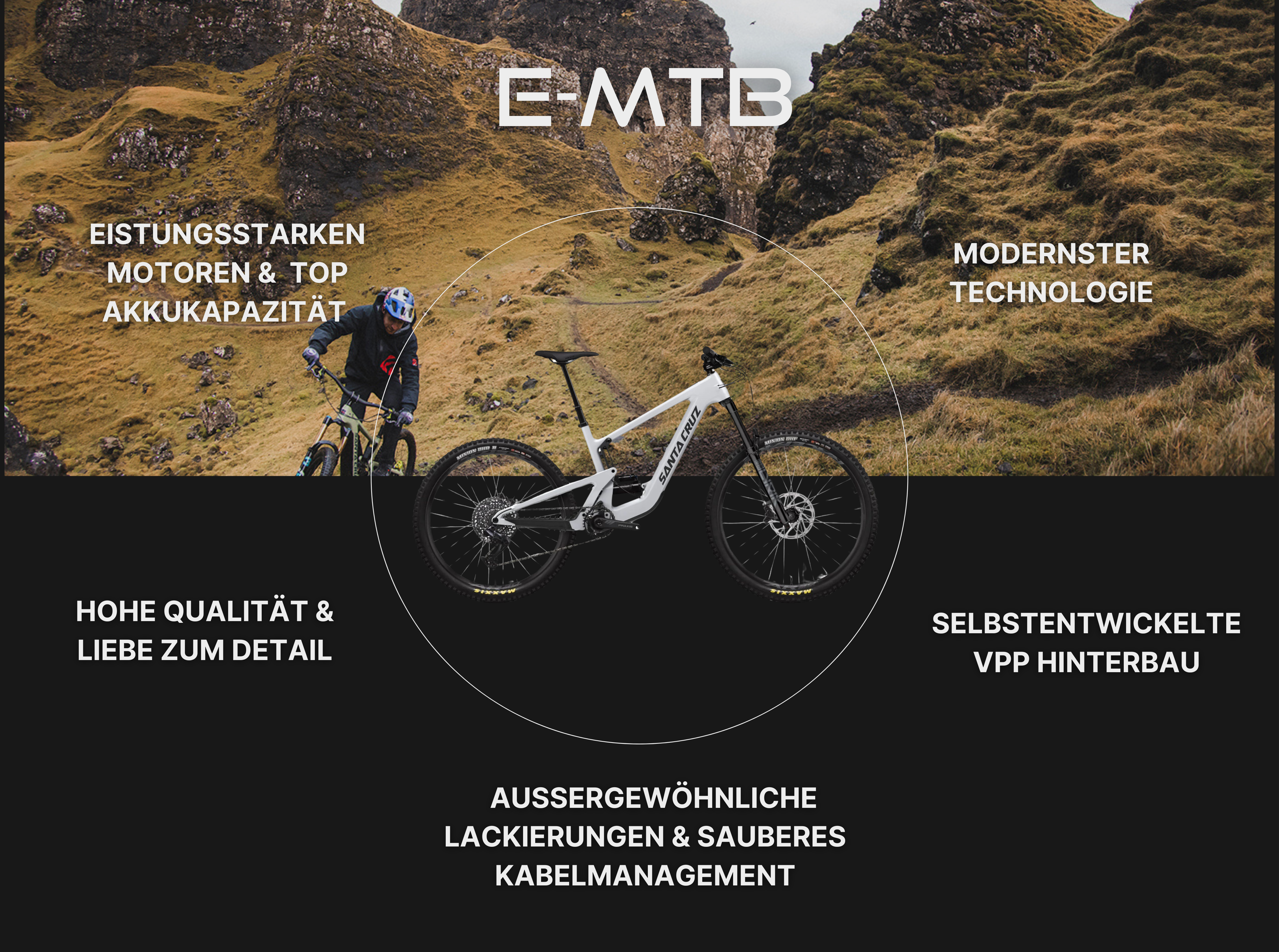 Santa Cruz Emountainbikes Santa Cruz Emountainbikes Actionshot mit Produktfoto und Merkmale