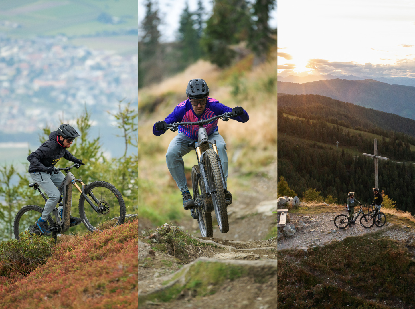 Vorteile-E-MTB-Fully-3-Fahrer-in-den-Bergen_Uphill_Wurzeln_Aussichtspunkt-für-weite-Touren Links fährt ein Mann EMTB Fully einen Berg hoch in der Mitte fährt er Downhill über Wurzeln und Steine und rechts genießen zwei EMountainbiker den Sonnenuntergang auf einem Berg