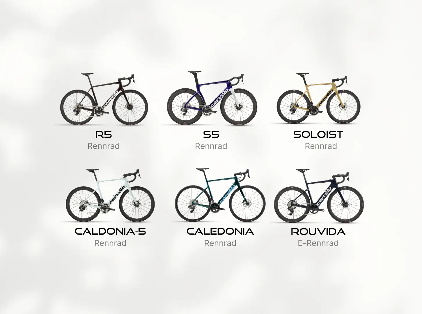 Übersicht Produktfotos mit Eigenschafte von Cervélo Rennrad Modellen